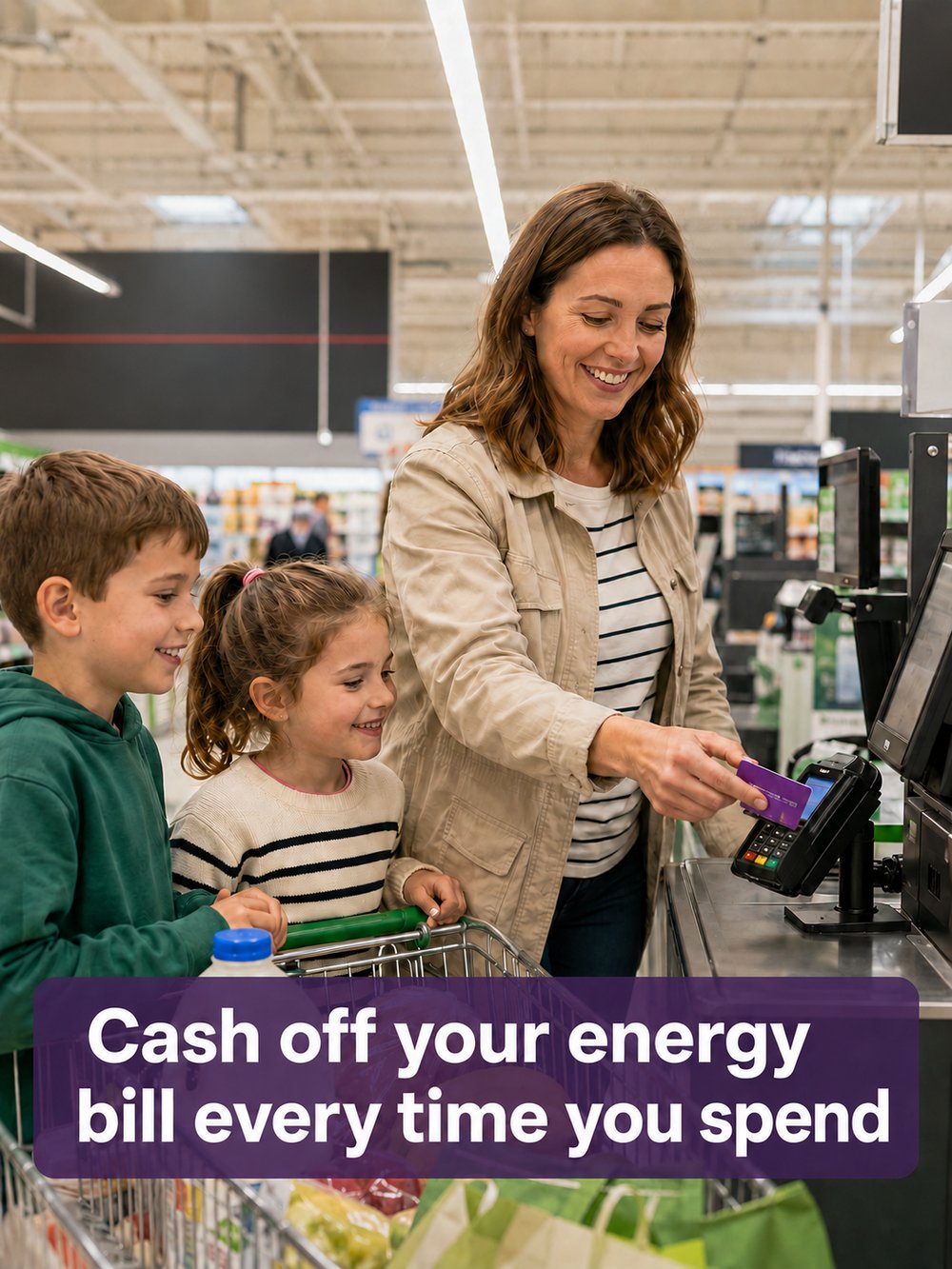 A smiling mum shopping with her two children, paying by card at the checkout