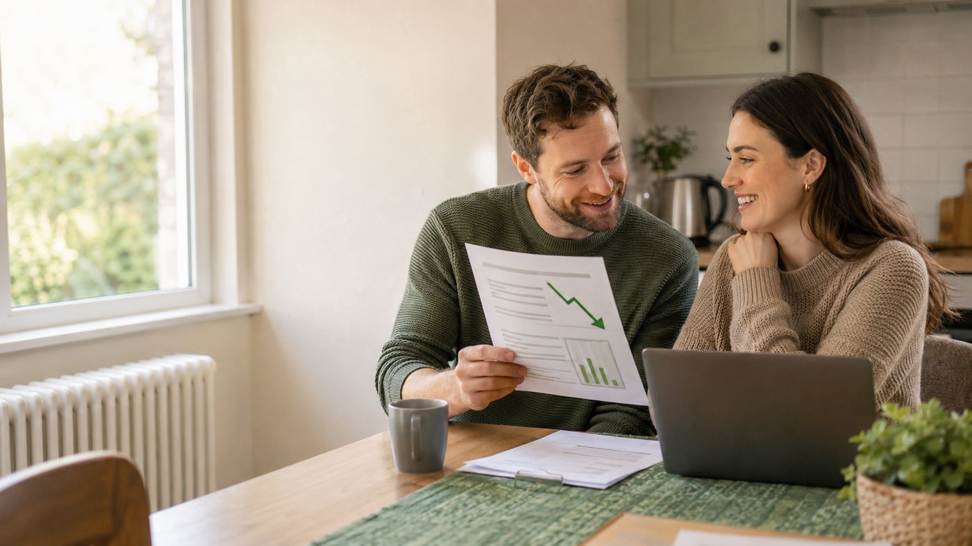A smiling couple reviewing their household bill together at home