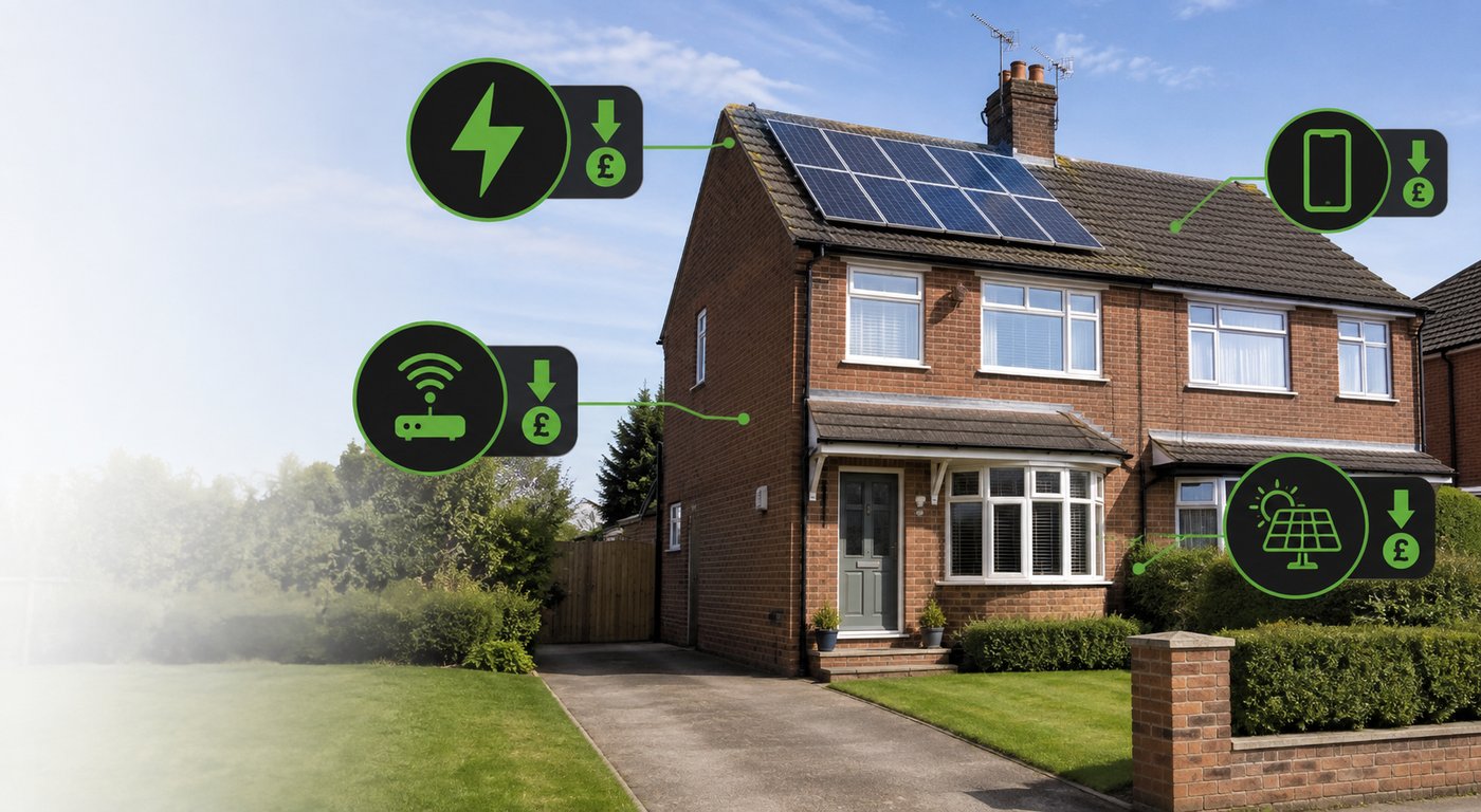 A UK home with energy, broadband, mobile and solar services highlighted